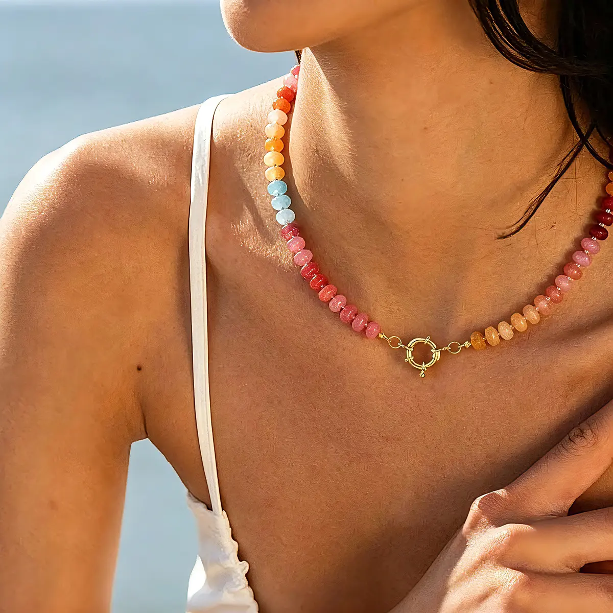 Beaded Necklace for Women, Handmade Boho Choker with Colorful Natural Gemstones for Summer Adventures, Wanderlust Jewelry with Unique Beauty, Beaded Necklaces, Colorful Beaded Necklace