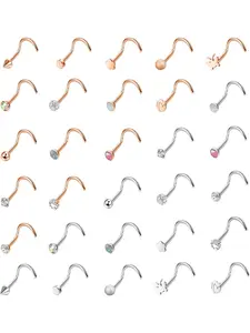 30Pcs 20G Surgical Steel Nose Rings Studs Set 2mm 2.5mm 3mm Screw L Shaped Bone for Women Men CZ Inlaid Opal Nostril Nose Piercing Jewelry Nose Piercings Kit Non Tarnish Jewelry