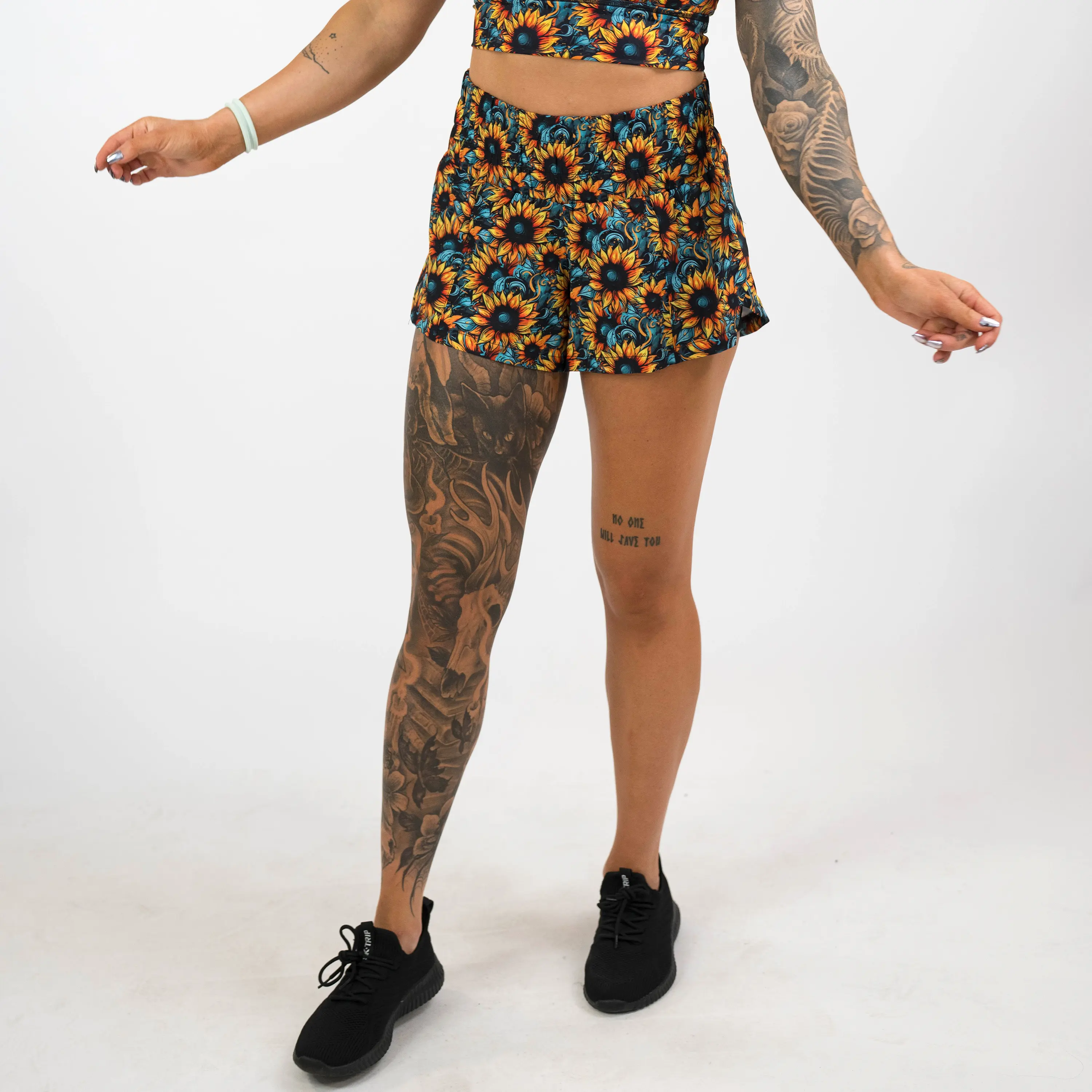 Women's High-Waisted Fitted Breathable Polyester Wild Sunflower Floral CVG Day Dream Slip Shorts, Stay‑Put Waistband