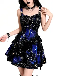 Women's Starry Sky Print Dress, Punk Style Moon & Stars Pattern, Streetwear Casual Fashion, Music Festival Wear, Young Trendy, Summer