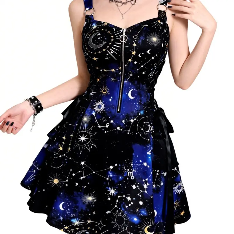 Women's Starry Sky Print Sleeveless Dress, Allover Print Dress, Punk Style Moon & Stars Pattern, Streetwear Casual Everyday Fashion, Music Festival Wear, Young Trendy, Chic, Aesthetic, Summer, Outfit