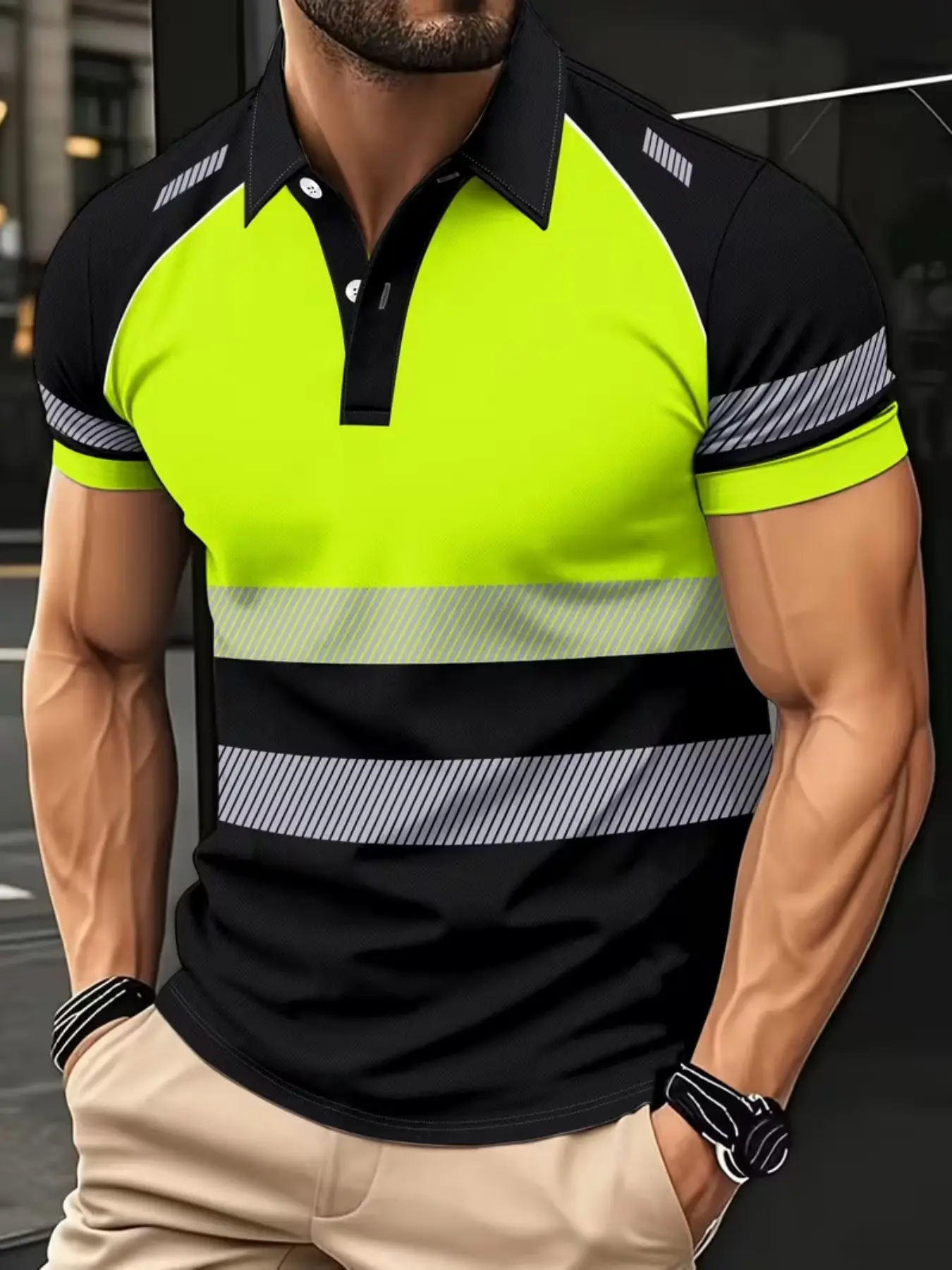 Men's Summer Striped Print Polo Shirt, Neon &, Lightweight Breathable Fabric, Outdoor Sporty Style, Breathable Gym Shirts, Breathable Athletic Top, Breathable Workout Tops