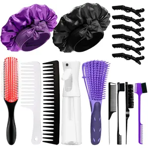 Curly Hair Brush Set 17 Counts Detangler Brush Wide Tooth Comb Nylon Bristle Satin Bonnet Hair Clips Edge Brush for All Hair Types Black&Purple