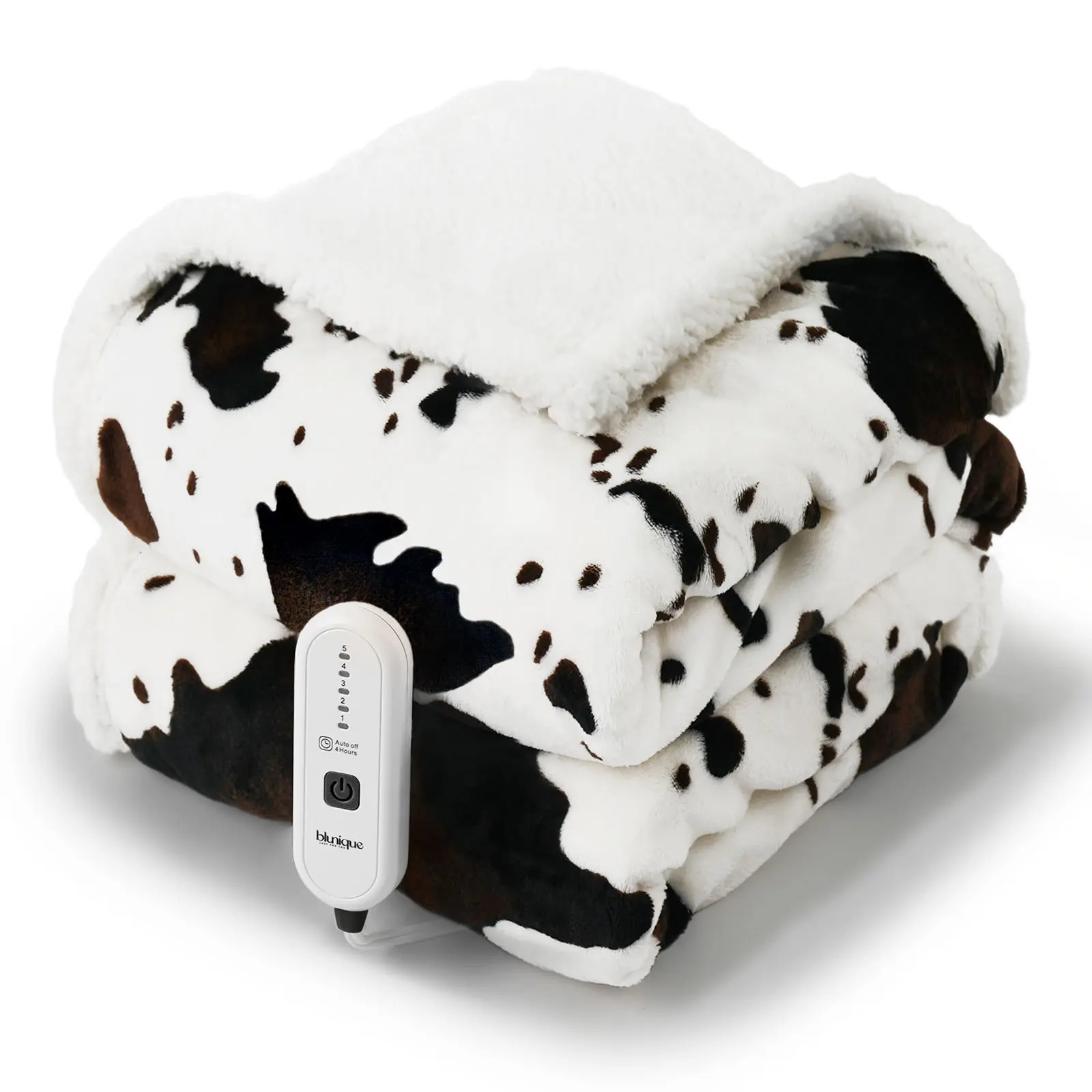 【Buy 1 get 1 poker blanket free】Blunique Cow-Print Heated Blanket, 5 Heat Levels, 4H Auto-Off, Machine Washable, Sherpa Flannel