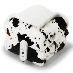 【Buy 2 get 1 poker blanket free】Blunique Cow-Print Heated Blanket, 5 Heat Levels, 4H Auto-Off, Machine Washable, Sherpa Flannel