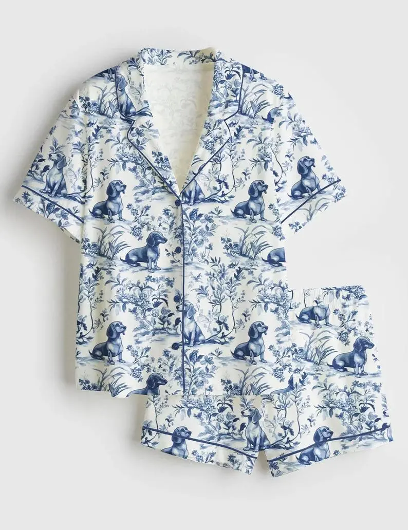 Dachshund Sausage Dog Lover Satin Pajama Set for Her Cozy Festive Nightwear with Chest Pocket & Elastic Waistband Loungewear Shirt 100% Polyester Satin Adjustable Drawstring Womenswear