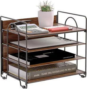 4-Tier Paper Organizer for Desk | Wood and Metal Desk Organizer | File Organizer Paper Tray for Office, Home, and School.