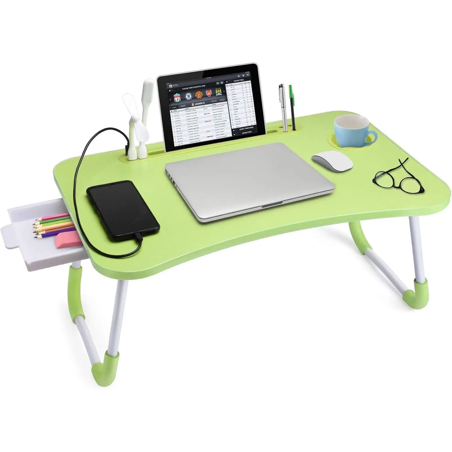 Green Synthetic Foldable Lap Desk - Durable Office Furniture (23.6x15.5x10.4in) with Cooling Fan, Tablet Slot, Pen Slot, Storage Drawer, Cup Holder, Notebook Stand, Nighttime Reading Light, Ideal for Bed, Couch, Picnic, Floor Use, Modern