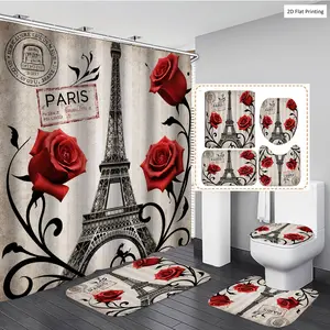 1/3/4PCS Vintage Eiffel Tower with Red Roses Shower Curtain Set with Rugs, Non Slip Bath Mat, U-Shape Carpet, Toilet Lid Cover, Polyester Fabric Bathtub Curtain Accessories, 12 Hooks, Home Bathroom Festival Decor
