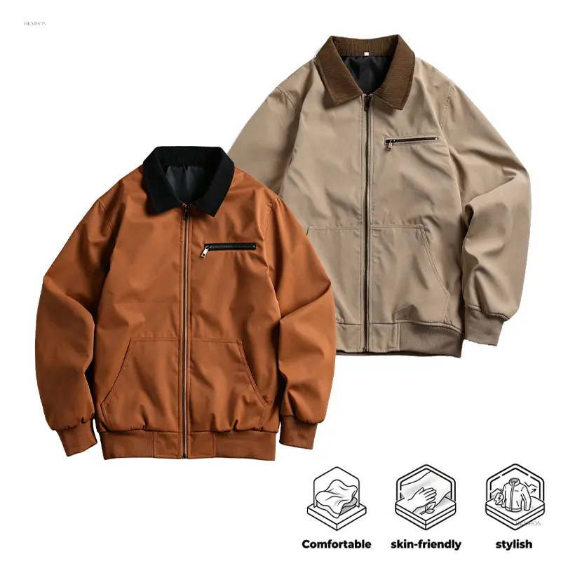 Men's Stylish Corduroy Collar Zip-Up Long Sleeve Bomber Jacket - Plain Contrast Collar Multi-Function Workwear Windbreaker, Skin-Friendly Comfort Casual Street Tops (3 Colors), Polyester