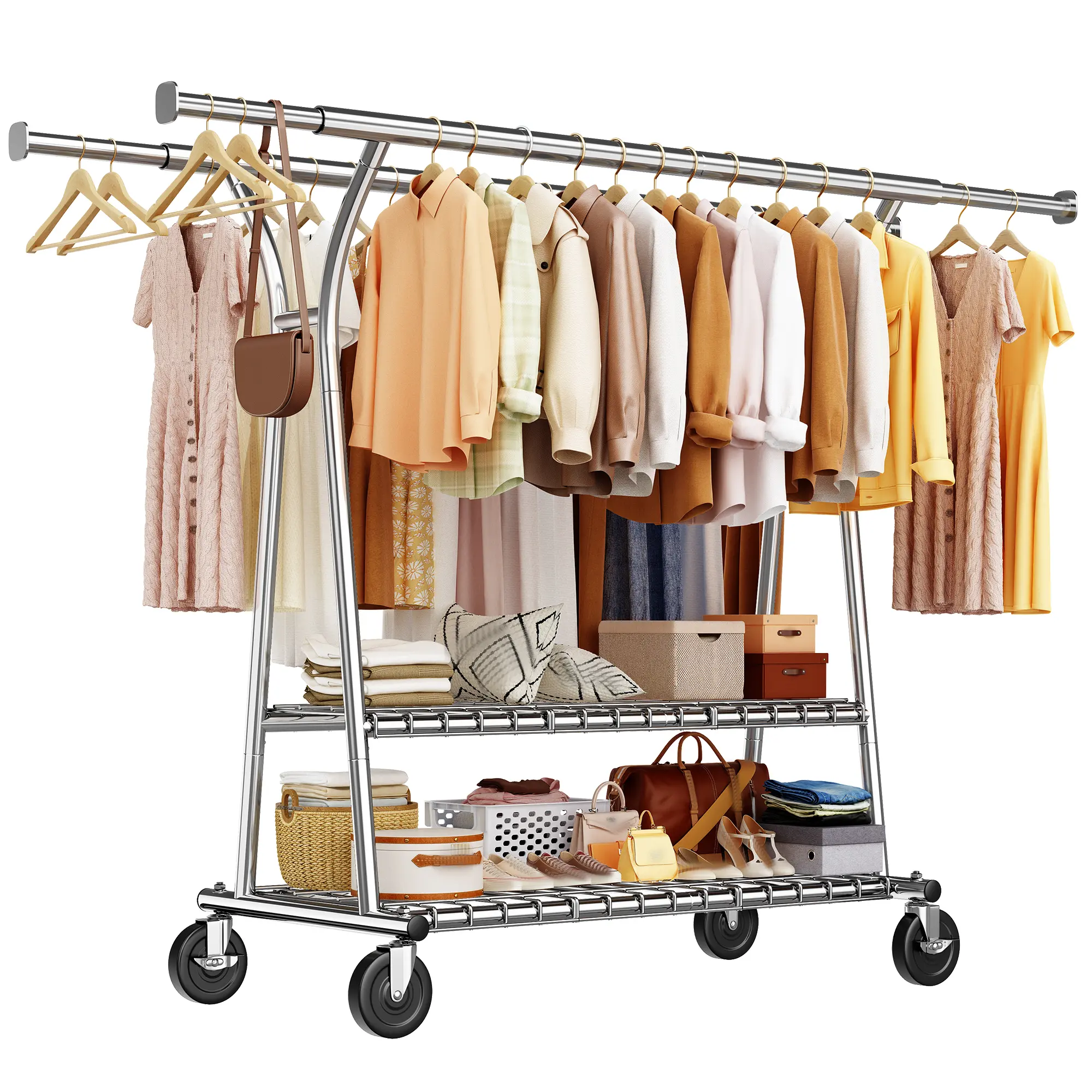 Raybee 78"W Heavy Duty Clothes Rack Loads 441LBS, Rolling Clothing Racks for Hanging Clothes with Shelves & Wheels Portable Collapsible Garment Rack Chrome