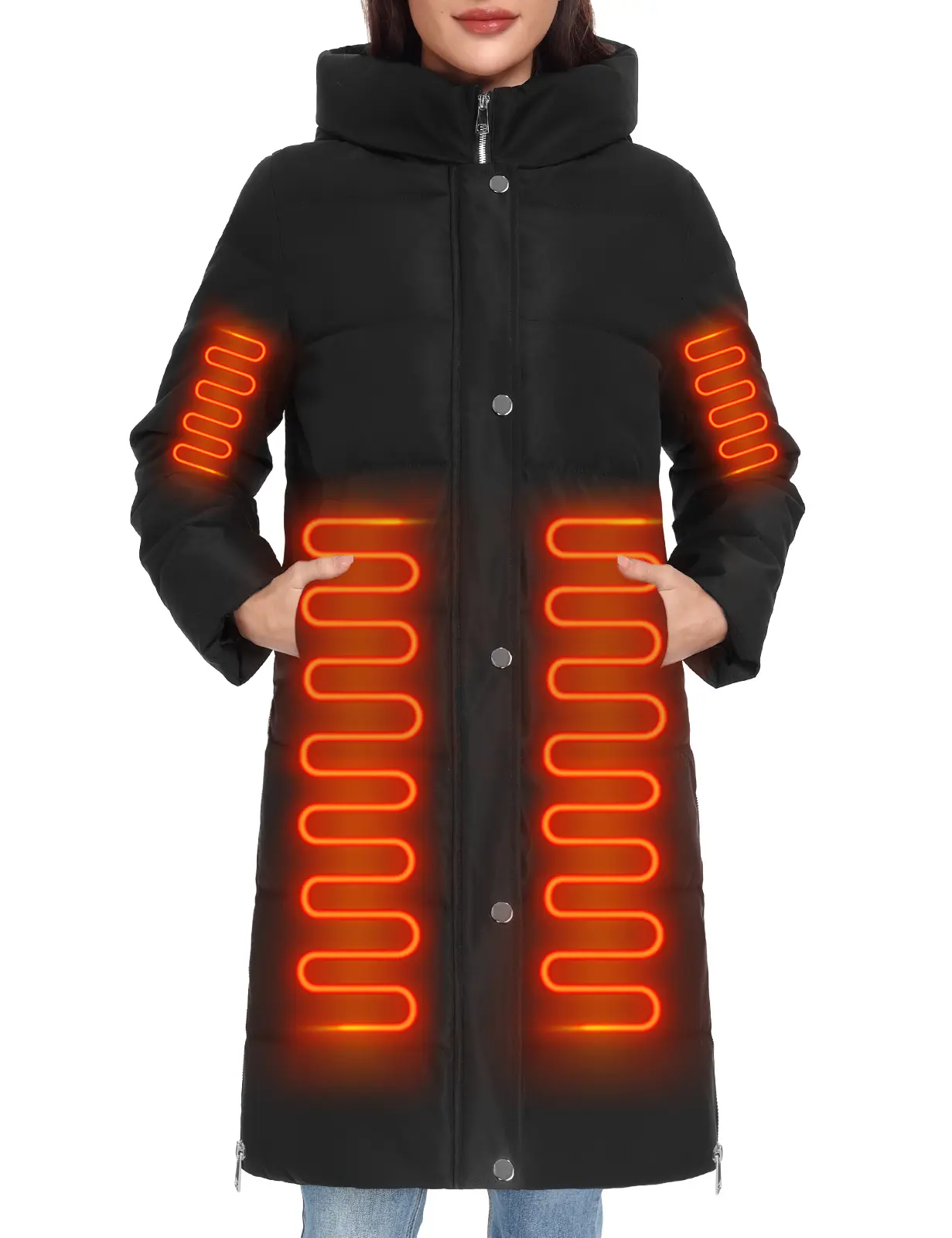 FASHORA Women’s Heated Long Down Coat with Hood, 8 Heating Zones, Water-Repellent, Longsleeves, Zipper, Pocket, Casual Outdoor Soft Comfortable Everyday Outerwear