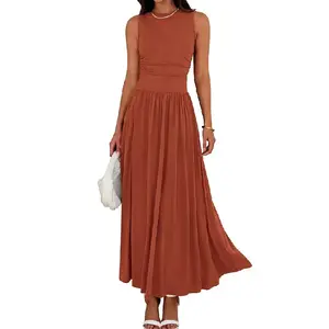 Summer Maxi Dresses for Women 2026 Spring Sleeveless Casual Ruched High Waisted Long Sundress Flowy Beach Dress