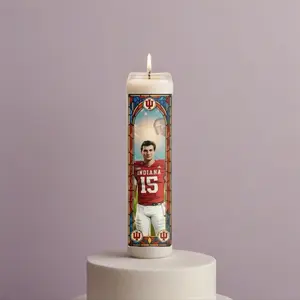 Indiana Football Prayer Candle Fernando Mendoza #15 & Curt Cignetti Stained Glass Design 8" Tall Devotional Candle for Game Day Rituals