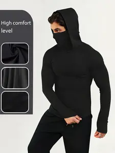Men's Hooded Compression Shirt with Integrated Face Mask, Long Sleeve Tactical Balaclava Top, High Comfort Quick-Dry Athletic Undershirt, Training Shirt