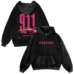 Pink 911 Classic Never Dies Super Car 380g Autumn VIntage Washed Hoodie Graphic Sweatshirt