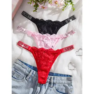 Lace Thong 3 Pieces Letter Print Water Brick Seamless Low Rise Soft Breathable Semi Transparent Women Panties