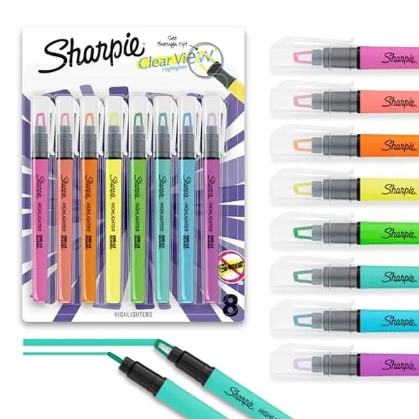 Sharpie Clear View Highlighter Sticks, Chisel Tip Highlighter Market Set, Essential School & Teacher Supplies, Smear Resistant, Assorted Color Highlighters, 8-Pack