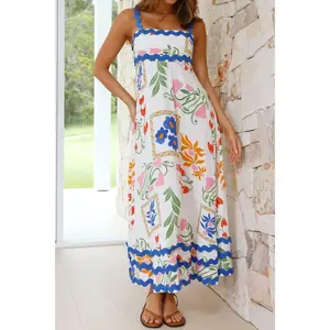 Printed Square Neck Wide Strap Midi Dress