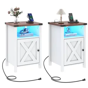 Farmhouse LED Nightstand Set of 2 with Charging Station, Rustic End Table with Barn Door & Storage Shelf, Bedside Table for Bedroom, Living Room, Grey/White/