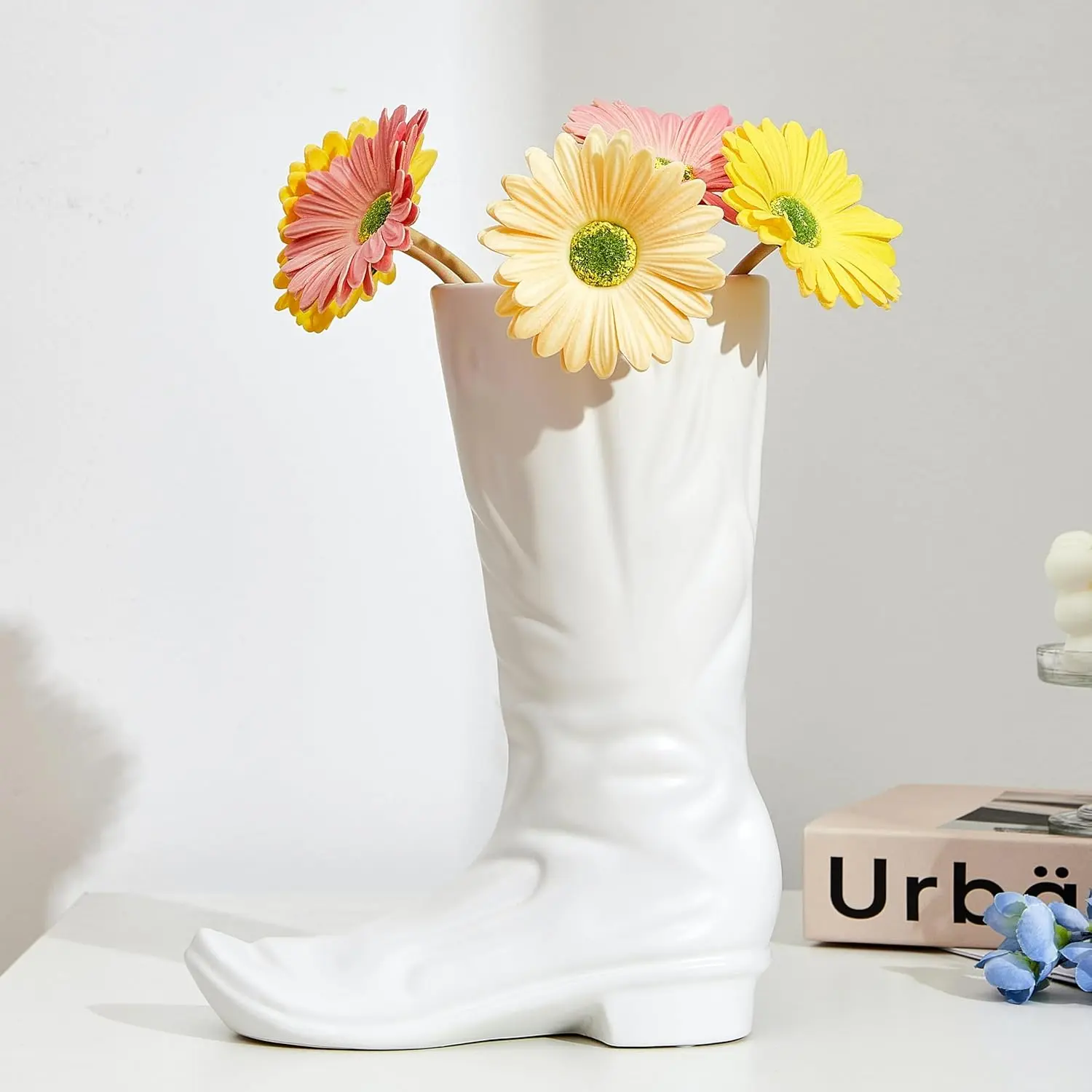 White Boots Flower Vases, Creative Cowboy Boot Vase, Ceramic Flower Arrangements,  Boot Vases Boot Planter Modern Aesthetic Room Wedding Decor