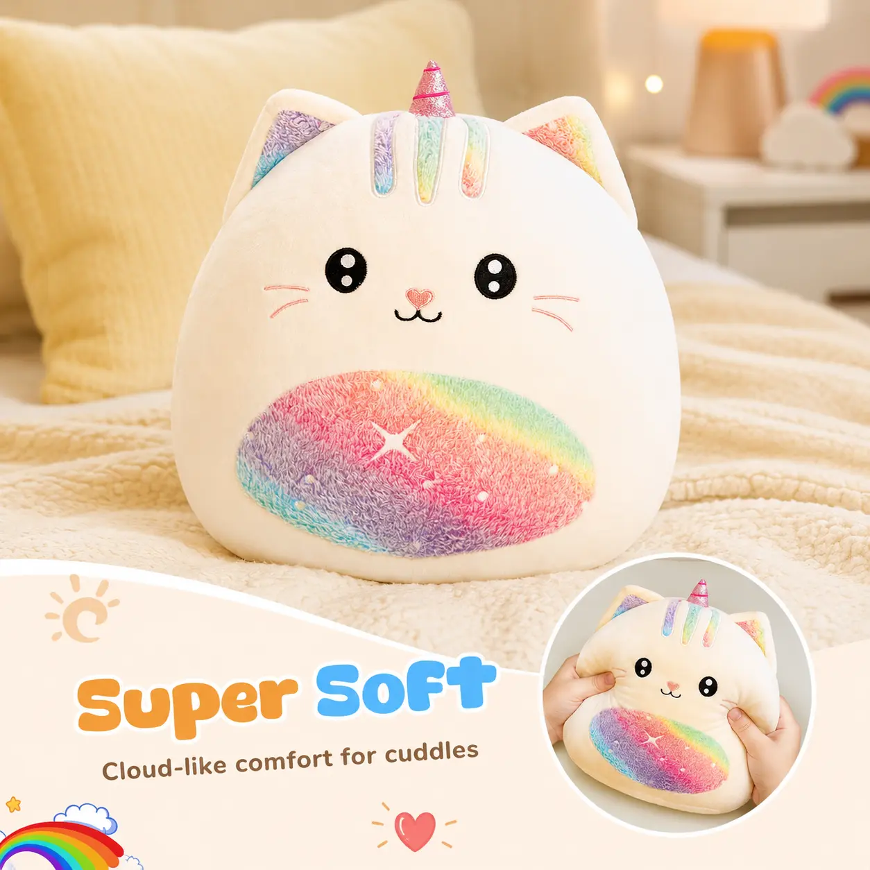 WEWILL 14" Rainbow Unicorn Cat Plush Pillow, Soft Fabric Kawaii Stuffed Animal Toy, Cute Huggable Girls' Gift, Birthday Christmas Bedtime Companion