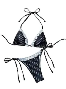 Two-piece Set Women's Polka Dot Print Bikini Set, Casual Fashion Chic Tie Back Swim Bra & Tie Side Swim Panty, Ladies Swimsuit for Beach Holiday Vacation, Colorblock Bikini Set, Summer Swimsuit Set, Swimsuit Style Bikini, Tie Back Bikinis