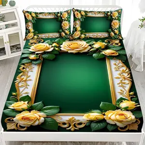 Fitted Sheet 3-Piece Set - 2D Flat Printing Spring-themed Yellow Rose Gold Pattern Mattress Covers, Available in 10 Sizes (1 fitted sheet + 2 pillowcases, no insert). skin-friendly and breathable bedding, suitable for family bedrooms .