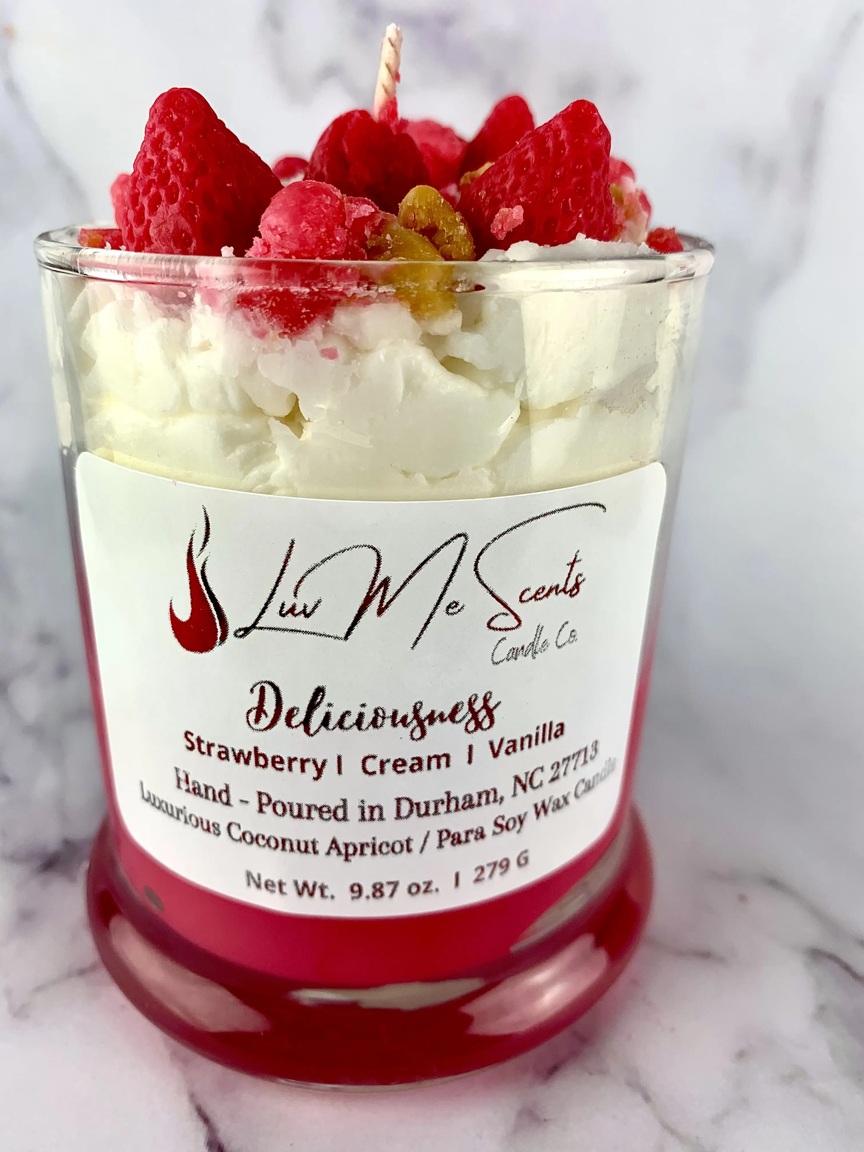 Deliciousness Dessert Candle - Eco-Friendly Coconut Apricot Wax, Strawberry Cheesecake Scent, 60 Hour Burn Time Scented Gift