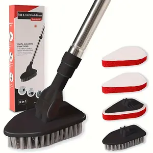 Shower Cleaning Brush With Long Handle, 1/3 Sets Tub & Tile Scrub Brush, Shower Scrubber, Tub Scrubber With Replaceable Microfiber Cloth, Bathroom Cleaning Tools