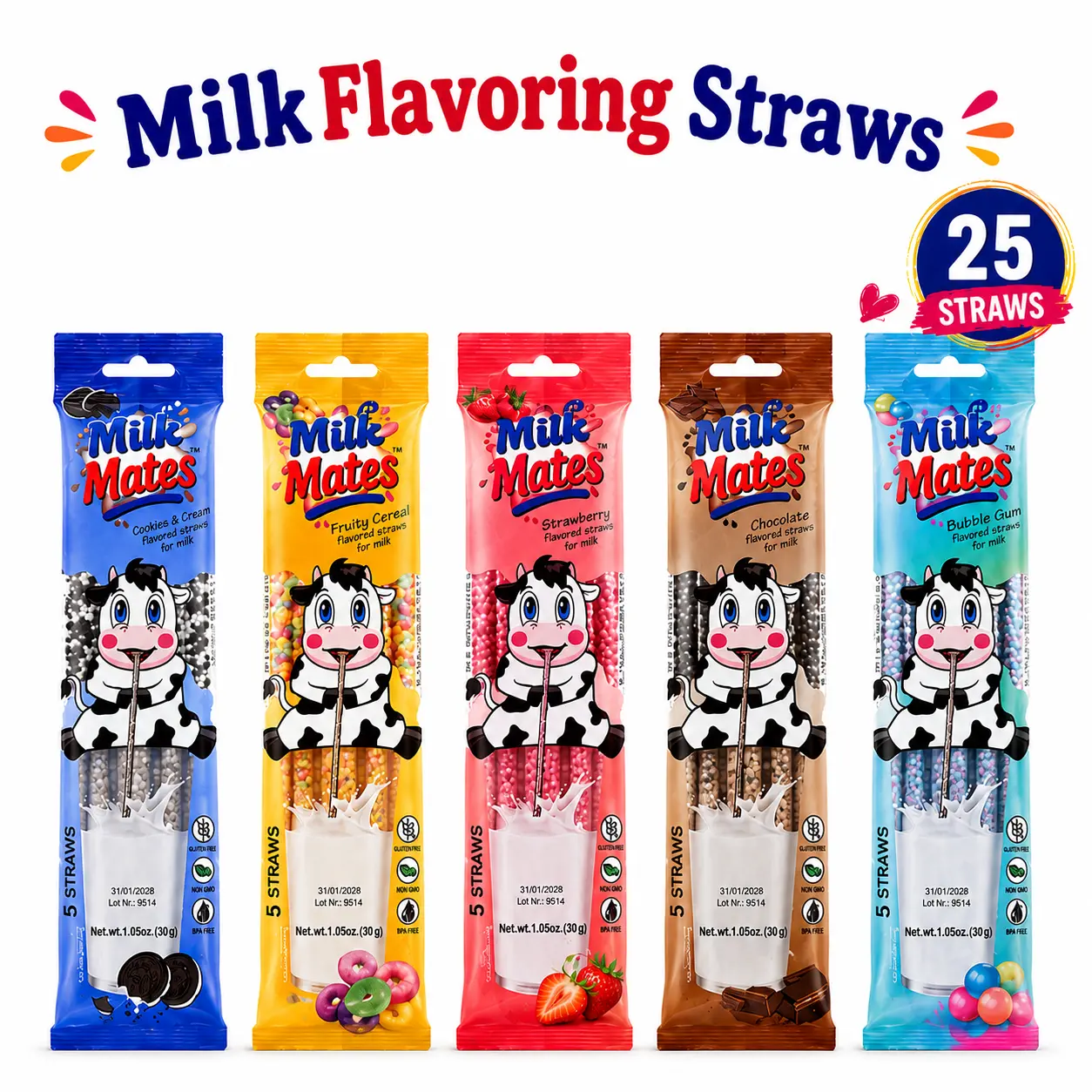 Mild Milk Flavoring Straws for 7 oz Glass of Milk – 25 Pack (5 of Each Flavor) Chocolate, Strawberry, Cookies & Cream, Fruity Cereal & Bubble Gum | Flavored Milk Straws for Kids