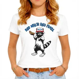 USA Red White Feral Racoon Graphic Tee Vintage Hot dog Party America Patriotic Racoon Tshirt Trucker Hat Hot Dog Eating Redneck Shirt Unisex Casual Womens Top