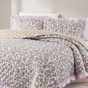 Lush Decor Lola Block Print Ruffle Reversible Floral Quilt Set - 3 Piece Bedding with Microfiber & Polyfill - OEKO-TEX Certified - Machine Washable