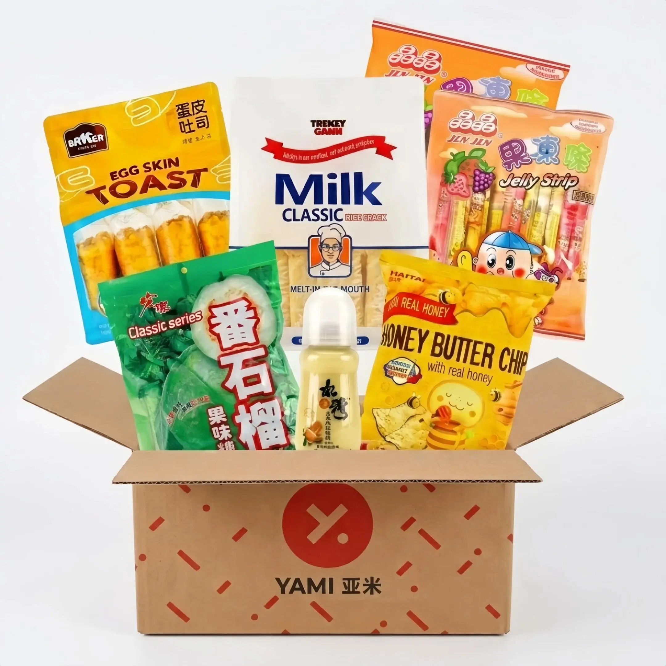 7 Pack Asian Snack Variety Box - Korean Milk Rice Crackers, Honey Butter Chips, Egg Toast Bread, Mango Yogurt Drink, Jelly Strips x2, Guava Candy - Gift Set, Party Snack, Tea Time Treats