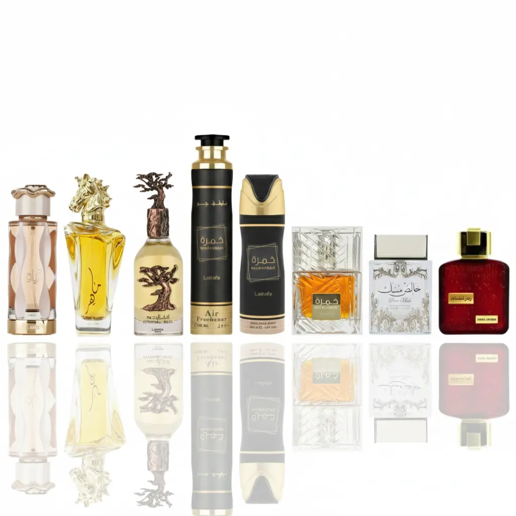 Lattafa Unisex 8-Piece Fragrance & Personal Care Bundle - Spray Perfume, Deodorant, Air Freshener with Spicy Woody, Scented, Romantic Rose Vanilla Musk Scents (TERIAQ, MAAHIR GOLD, ETERNAL OUD, KHAMRAH, RAMZ GOLD, Pure Musk Base)