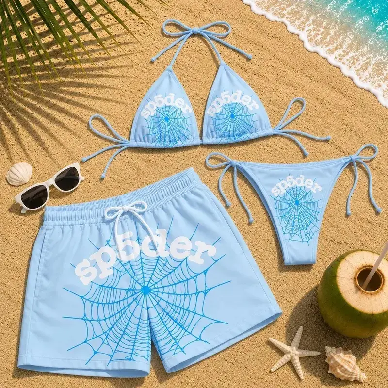 Baby Blue Sp5der Web Bikini Set Women Halter Triangle Top Tie Side Bottom + Men Swim Trunks Matching Couple Swimsuit Beach Pool Party Summer Vacation, Y2K Beach Vacation Outfit