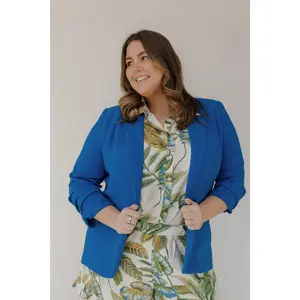 Women's Chic Solid Chiffon Collared Blazer, Plus Size Polyester Ruched Sleeve Blazer for Girls (Matching Pants Compatible)