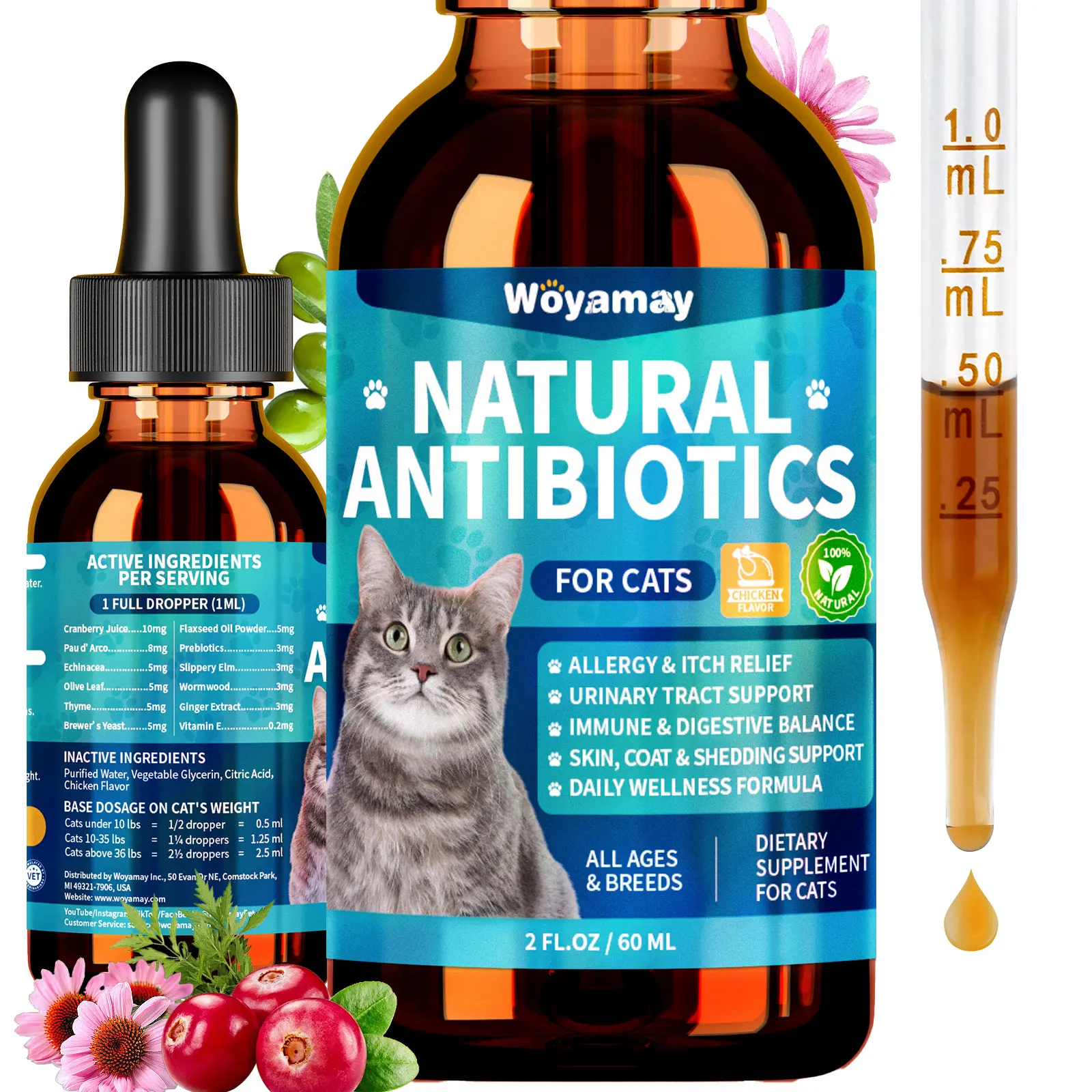 Woyamay Antibiotics for Cats, Natural for Allergy Relief, Urinary Tract Health, Itch Relief & Digestion Care, Cat Allergy Relief for Cats, Cat Immune Support Supplement, 2 Fl Oz
