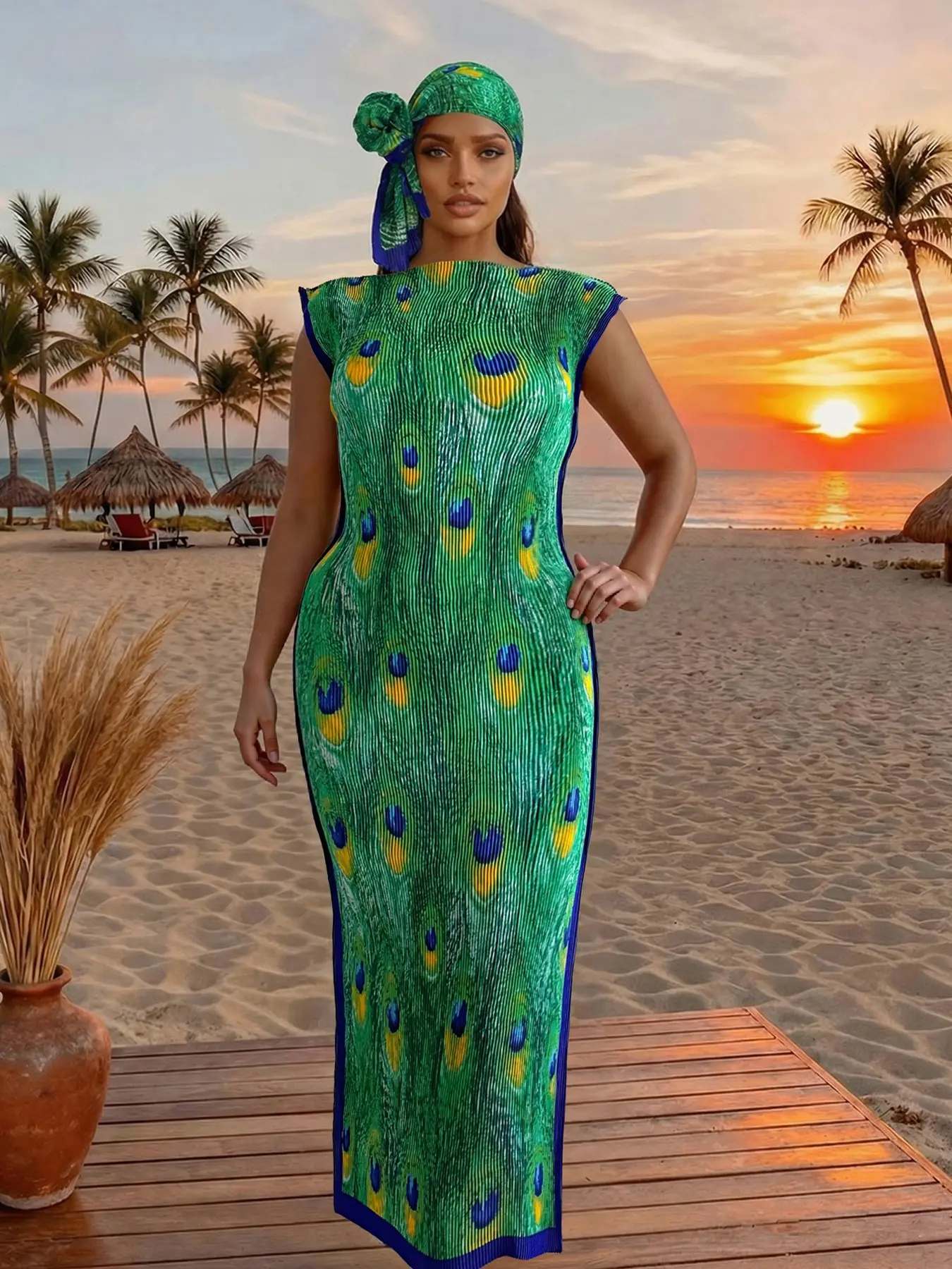 Women's Fashion Casual Wear Boho Style Woven Peacock Feather Print Robe Set, Hooded Shawl Sleeveless Dress + Long Headscarf Hairband, Summer Beach Sun Protection Satin Scarf, Chic