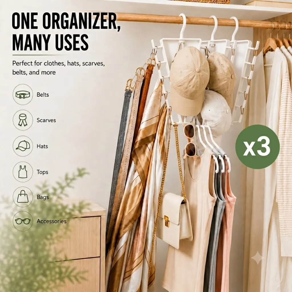 【3-Pack】 Multi-Functional Clothes Hanger Organizers, Compact Closet Organization Space Saver Hangers, 12-Hook V-Shaped 360° Rotating Closet Organization Apartment Essentials