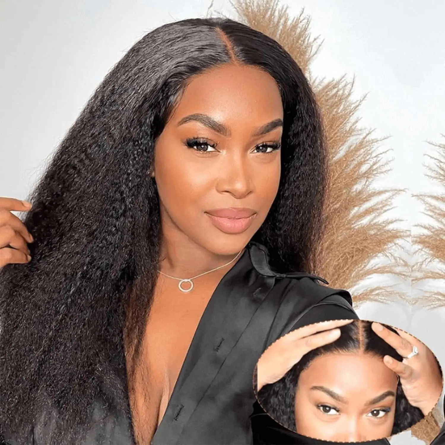 Bling Hair Kinky Straight Wigs Human Hair 13x6 HD Lace Front Wigs Yaki Straight Wigs Brazilian Human Hair For Black Women 180 Density Lace Frontal Wig Kinky Straight Wig Pre Plucked with Baby Hair Natural Hairline