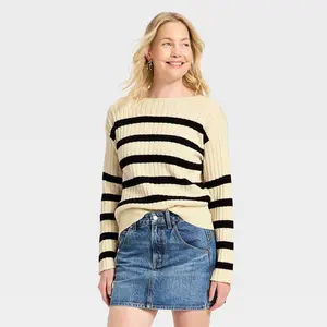 Women's Ribbed Boat Neck Pullover Sweater - Universal Thread Cream Striped XS