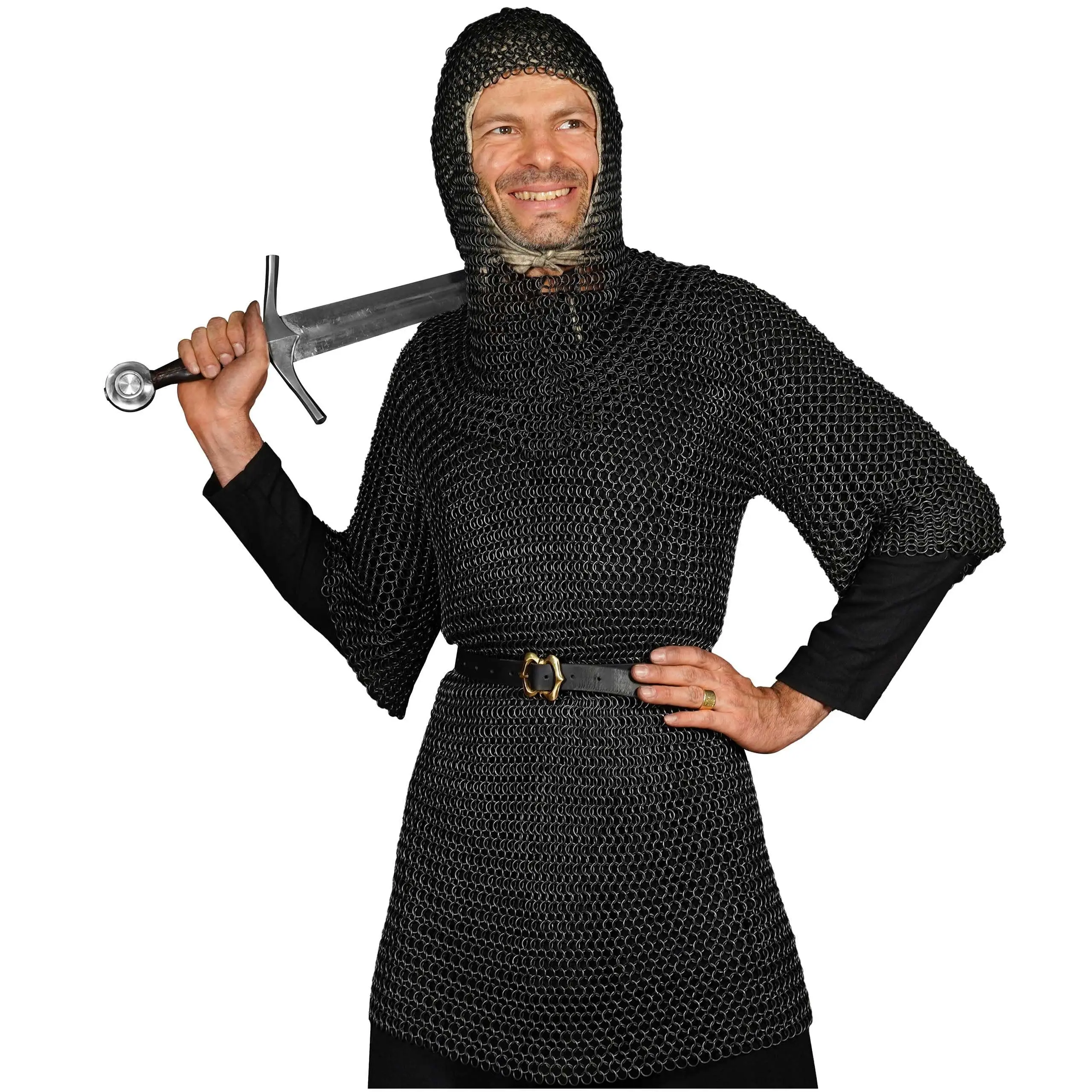 Chainmail Shirt with Coif, Stylish Men's Medieval Knight Armor, 16-Gauge Steel 4-in-1 Butted Ring Costume for LARP, Cosplay & SCA