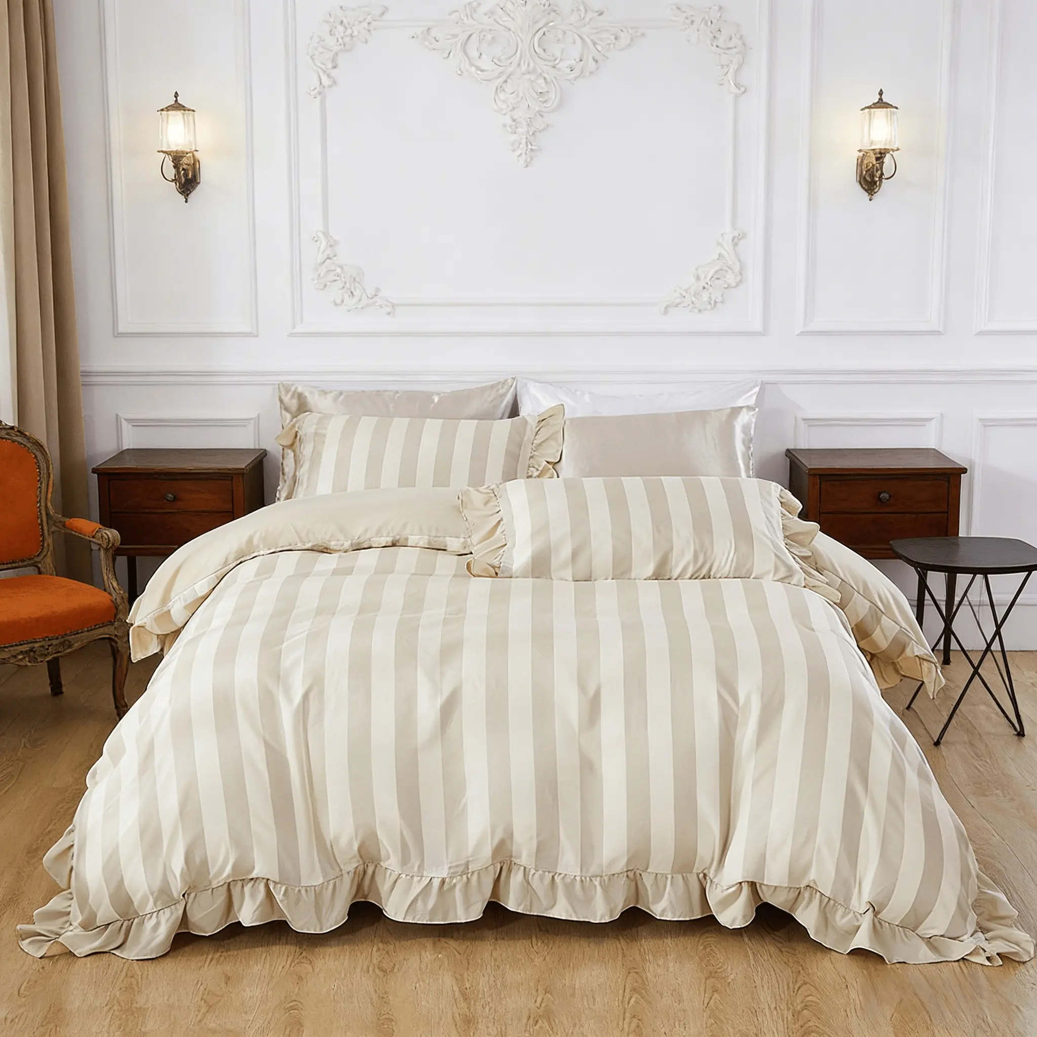 Striped Ruffle Design Bedding Set, 3 Piece Includes Duvet Cover + 2 Pillowcases, Ultra Soft Cloudy Touch, Suitable for All Seasons, Comfy Bedding Sets, Soft Bedding Sets
