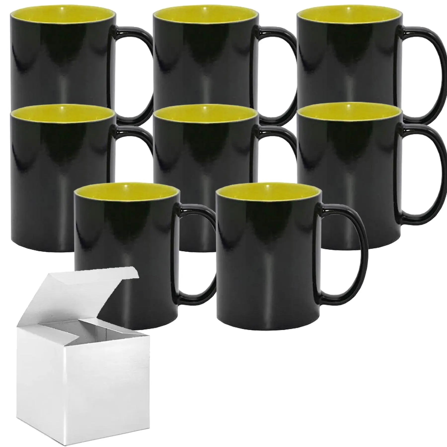 8-Pack of Sublimation Color Changing Mugs (15oz) | Yellow Interior | Includes White Gift Boxes