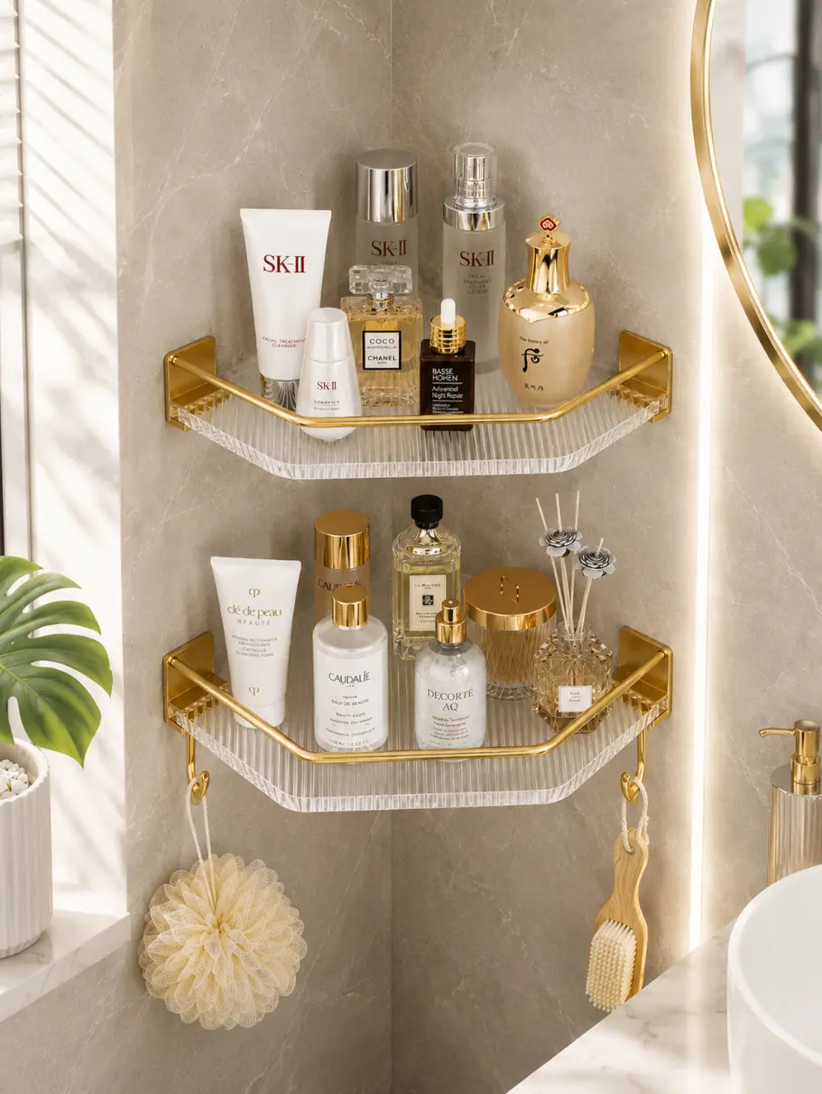 Double-Layered Gold No-Drill Acrylic Corner Shower Organizer, Rust-Resistant Self-Adhesive Plastic Storage, Minimalist Design Nail-Free Gold Shower Accessories for Small Spaces Bathroom Decor, Minimalist Design Shower Accessories