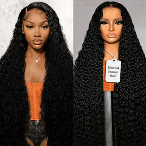30 Inch Deep Wave Lace Front Wigs Blended Human Hair 200 Density 13x4 HD Lace Frontal Wigs Pre Plucked Deep Curly Glueless Wigs for Women Natural Black