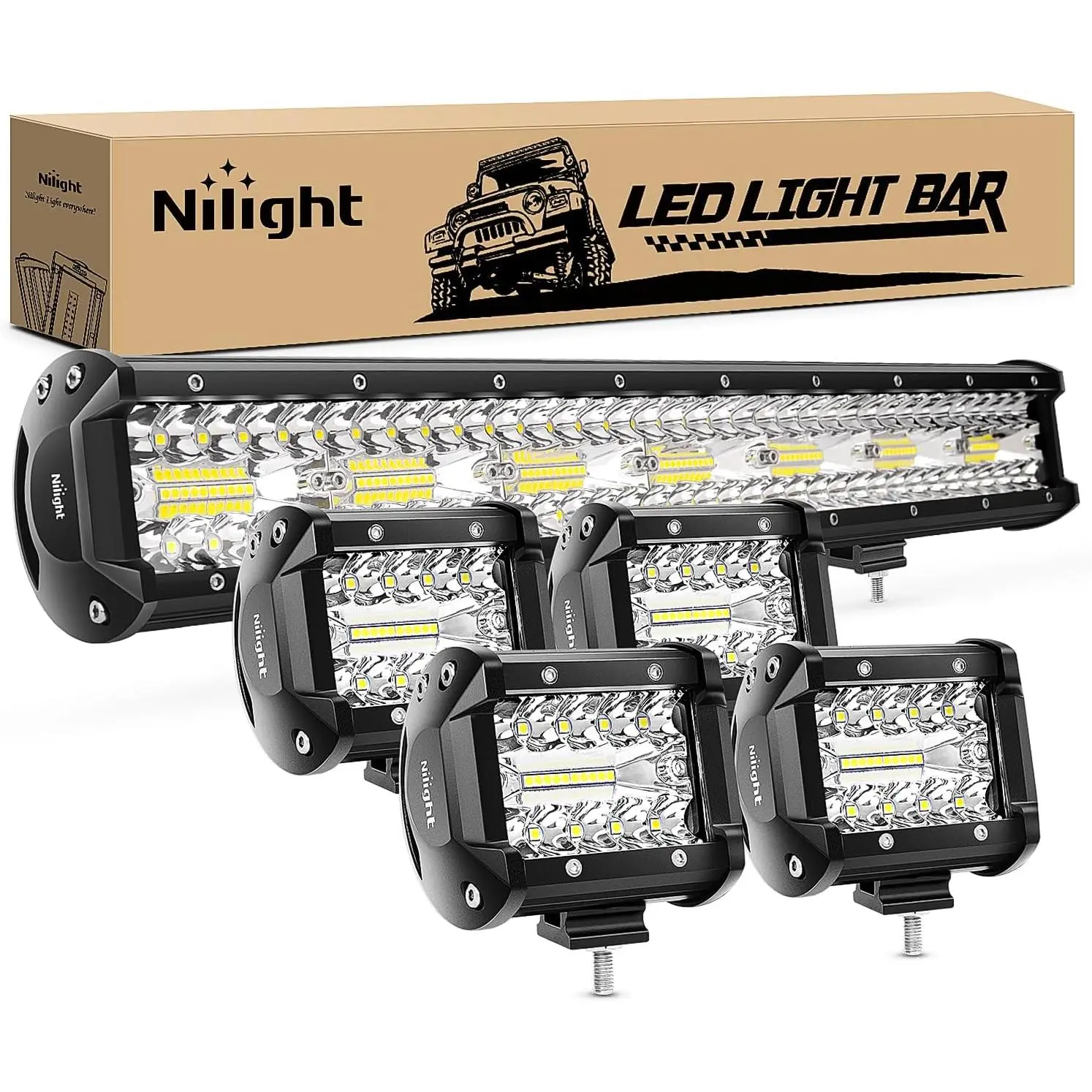 Nilight 20-Inch 420W High-Power Triple Row Flood Spot Combo LED Lightbar, 4PCS 60W 4-Inch Driving Light Strip Pods, Truck Accessories for Off-Road Cars, Boats