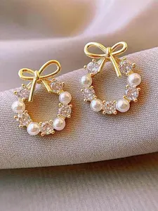 Faux Pearl & Rhinestone Decorated Bowknot Design Earrings, Fashionable High Quality Earrings for Women, Trendy All-match & Exquisite Jewelry for Birthday Gift