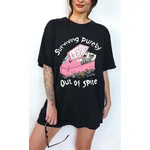 [% Cotton] Surviving Purely Out Of Spite Graphic Tee – Funny Skeleton Coffin Shirt Pastel Goth Aesthetic Oversized T-Shirt For Men And Women Men's Slim Fit Crew Neck T-Shirts Cotton Printed Round Neck T-Shirt